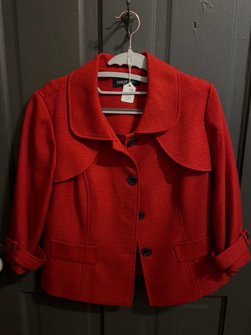 Perceptions Red Button-Front Rounded Collar Jacket